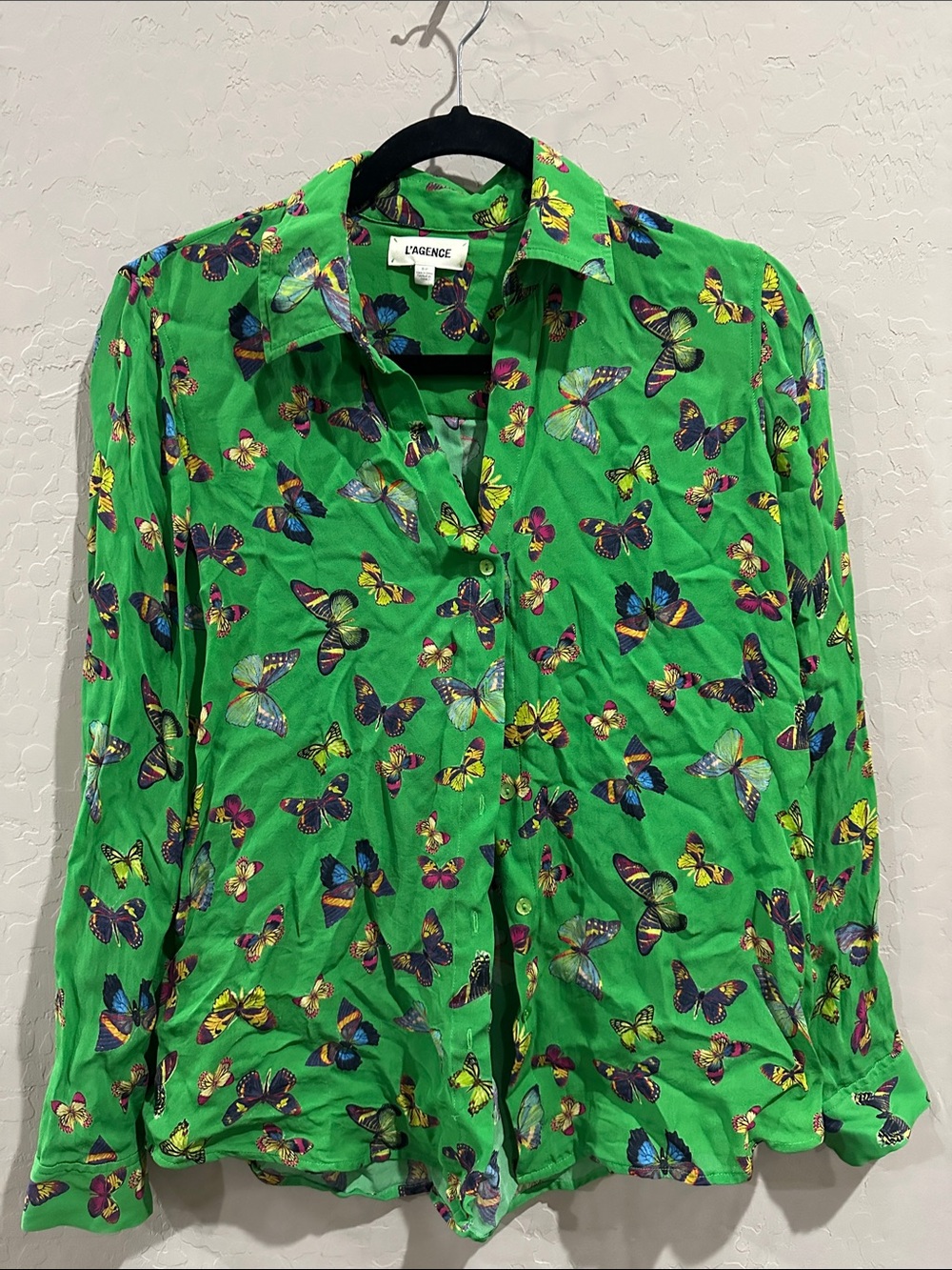 L'AGENCE Bright Green Butterfly-Print Button Shirt